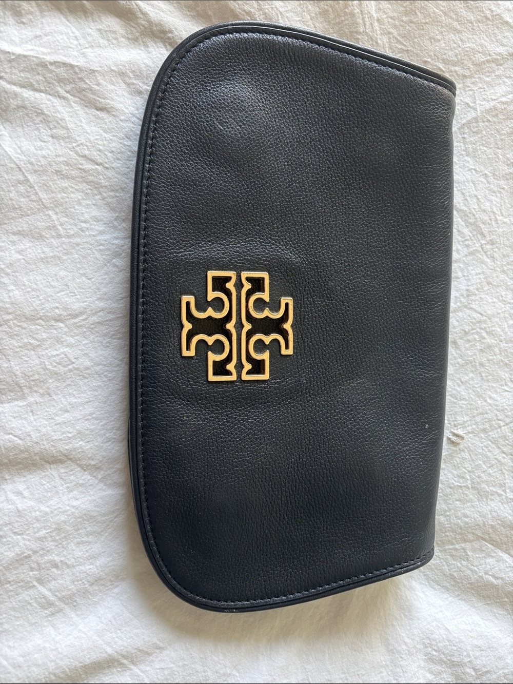 Tory Burch Black Leather Clutch with Gold Logo Accent